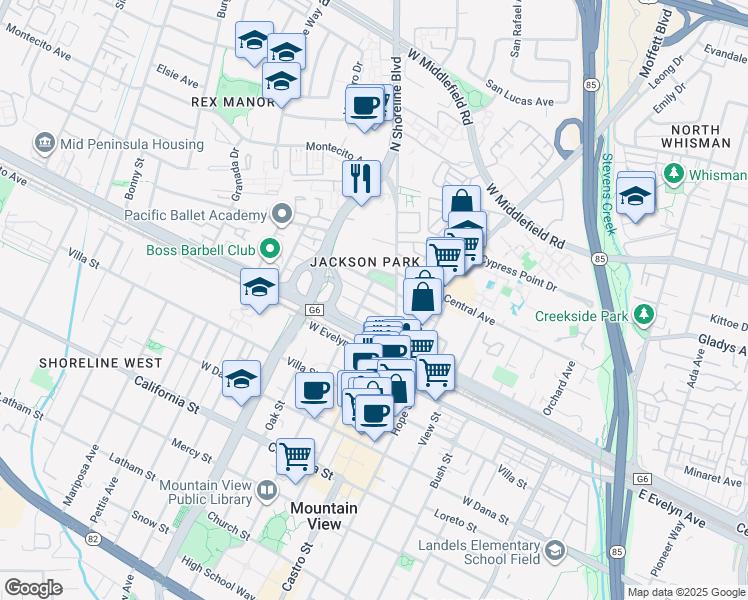 map of restaurants, bars, coffee shops, grocery stores, and more near 2 Elmwood Street in Mountain View