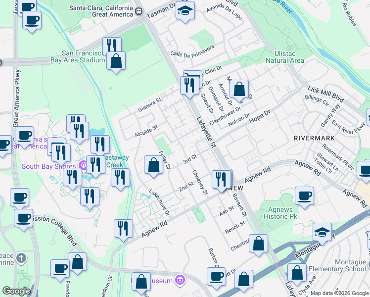 map of restaurants, bars, coffee shops, grocery stores, and more near 2192 Esperanca Avenue in Santa Clara