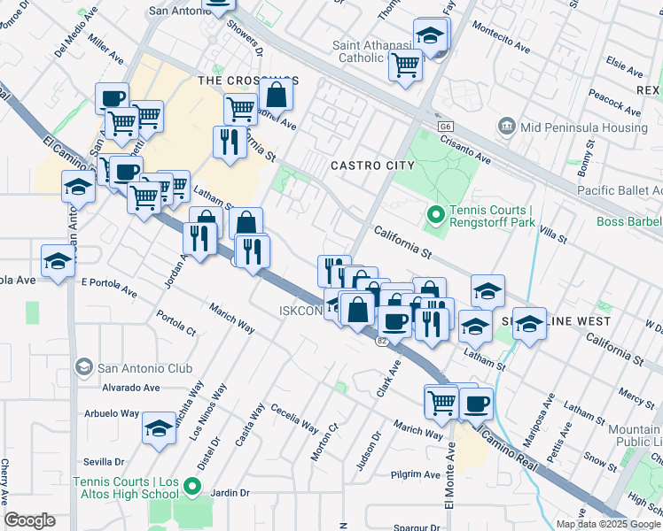 map of restaurants, bars, coffee shops, grocery stores, and more near 570 Rengstorff Avenue in Mountain View