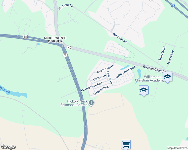 map of restaurants, bars, coffee shops, grocery stores, and more near 8432 Sheldon Branch Place in Toano