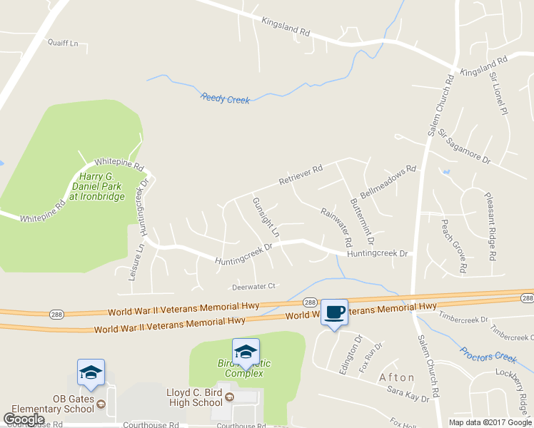 map of restaurants, bars, coffee shops, grocery stores, and more near 5809 Gunsight Court in Richmond