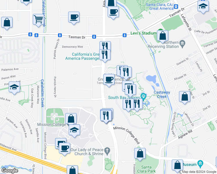 map of restaurants, bars, coffee shops, grocery stores, and more near 4555 Great America Parkway in Santa Clara