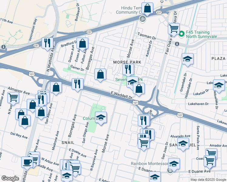 map of restaurants, bars, coffee shops, grocery stores, and more near 327 E Weddell Dr in Sunnyvale