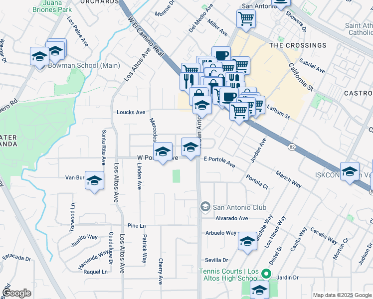map of restaurants, bars, coffee shops, grocery stores, and more near 43 Del Monte Avenue in Los Altos