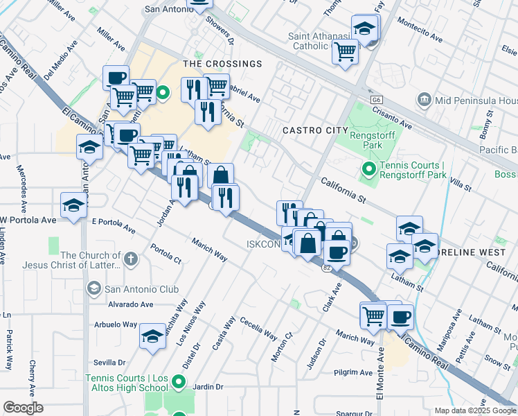 map of restaurants, bars, coffee shops, grocery stores, and more near 82 Latham Street in Mountain View