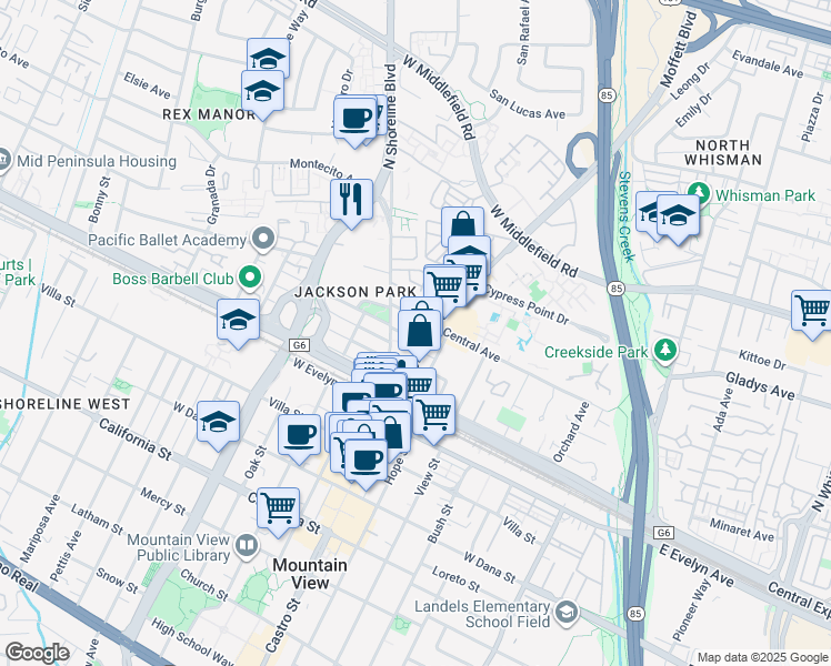 map of restaurants, bars, coffee shops, grocery stores, and more near 820 Jackson Street in Mountain View