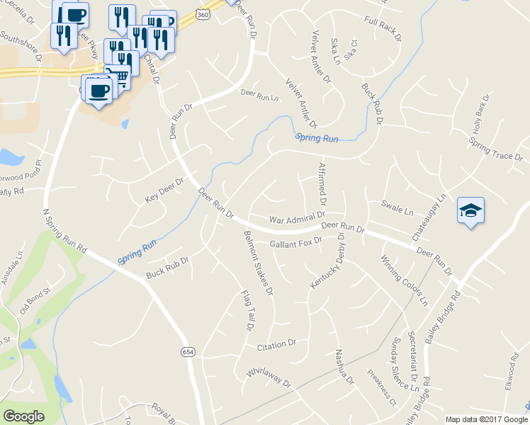 map of restaurants, bars, coffee shops, grocery stores, and more near 13918 War Admiral Drive in Midlothian