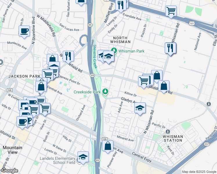 map of restaurants, bars, coffee shops, grocery stores, and more near 280 Easy Street in Mountain View