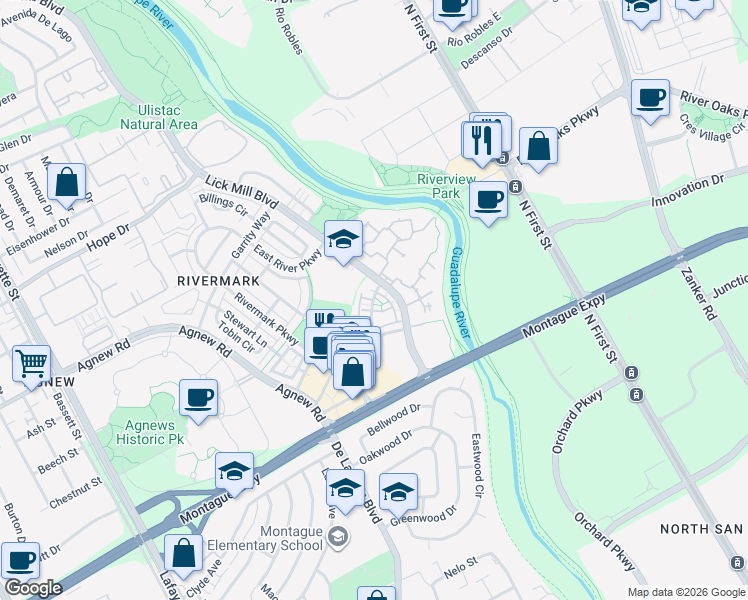 map of restaurants, bars, coffee shops, grocery stores, and more near Fitzpatrick Way & Crandall Circle in Santa Clara