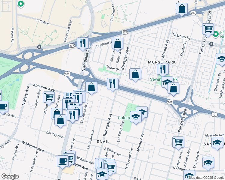 map of restaurants, bars, coffee shops, grocery stores, and more near 883 Borregas Avenue in Sunnyvale