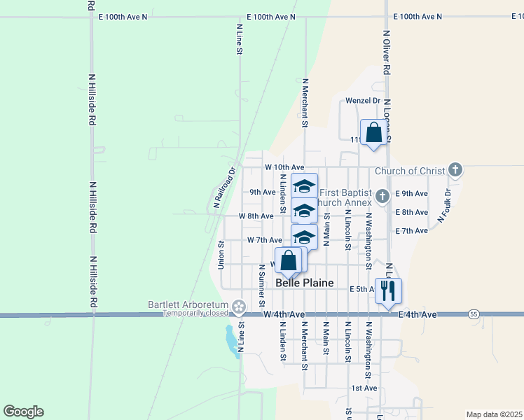 map of restaurants, bars, coffee shops, grocery stores, and more near 825 N Sumner St in Belle Plaine
