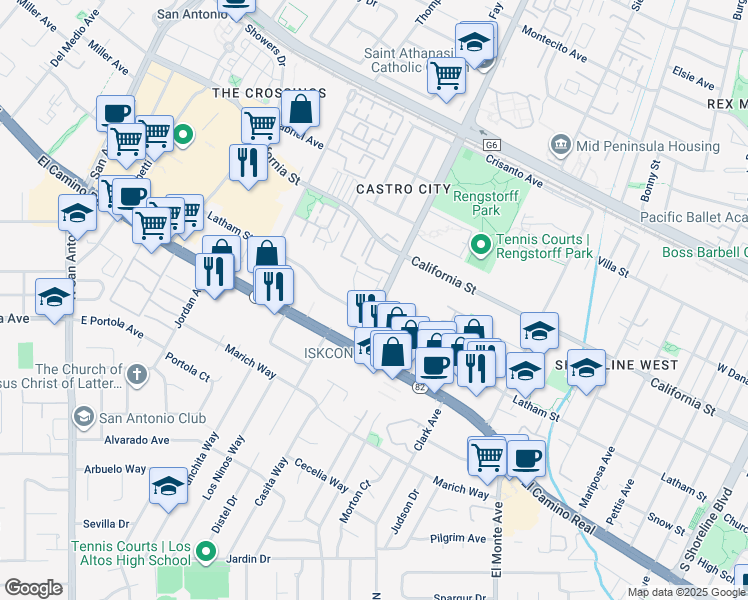 map of restaurants, bars, coffee shops, grocery stores, and more near 582 South Rengstorff Avenue in Mountain View