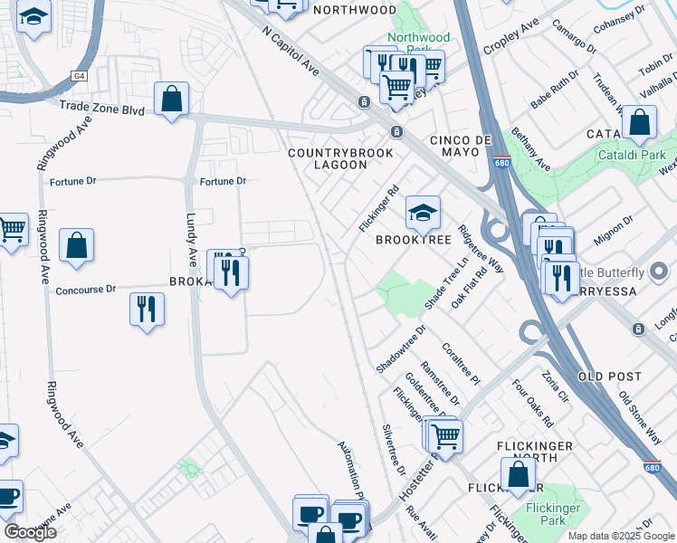 map of restaurants, bars, coffee shops, grocery stores, and more near 1897 Flickinger Avenue in San Jose