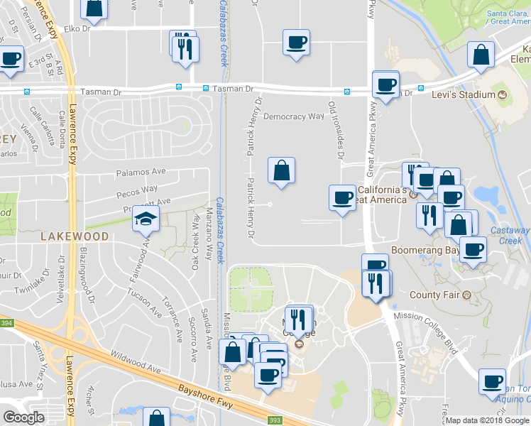 map of restaurants, bars, coffee shops, grocery stores, and more near 4701 Patrick Henry Drive in Santa Clara