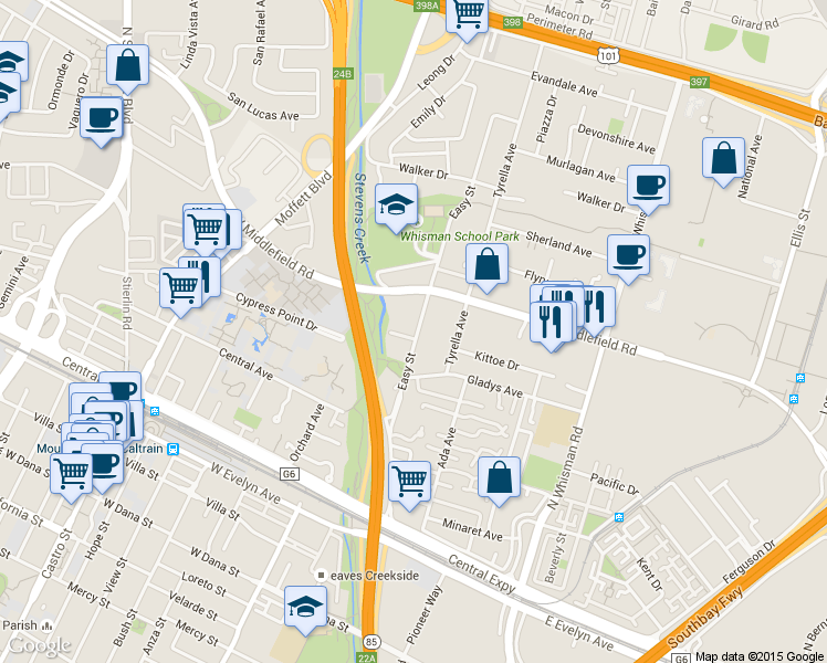 map of restaurants, bars, coffee shops, grocery stores, and more near 280 Easy Street in Mountain View