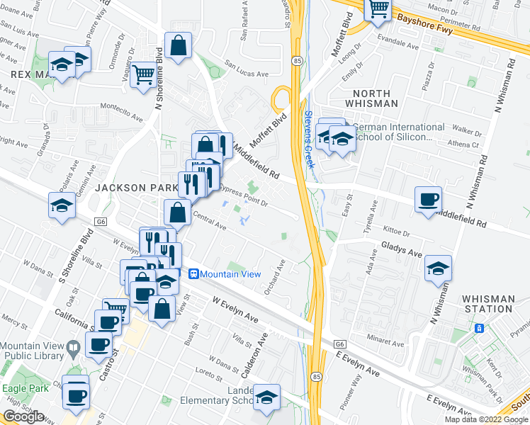 map of restaurants, bars, coffee shops, grocery stores, and more near 555 East Middlefield Road in Mountain View