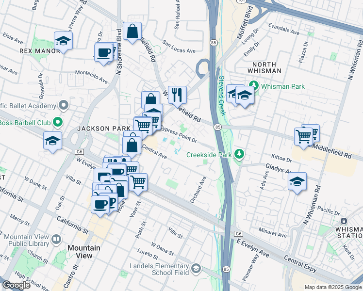 map of restaurants, bars, coffee shops, grocery stores, and more near Cypress Point Drive in Mountain View