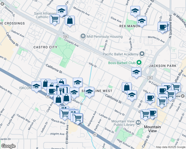 map of restaurants, bars, coffee shops, grocery stores, and more near 218 Higdon Avenue in Mountain View