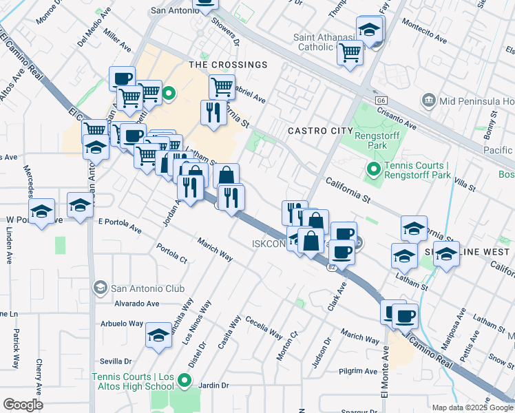 map of restaurants, bars, coffee shops, grocery stores, and more near 2270 El Camino Real in Mountain View