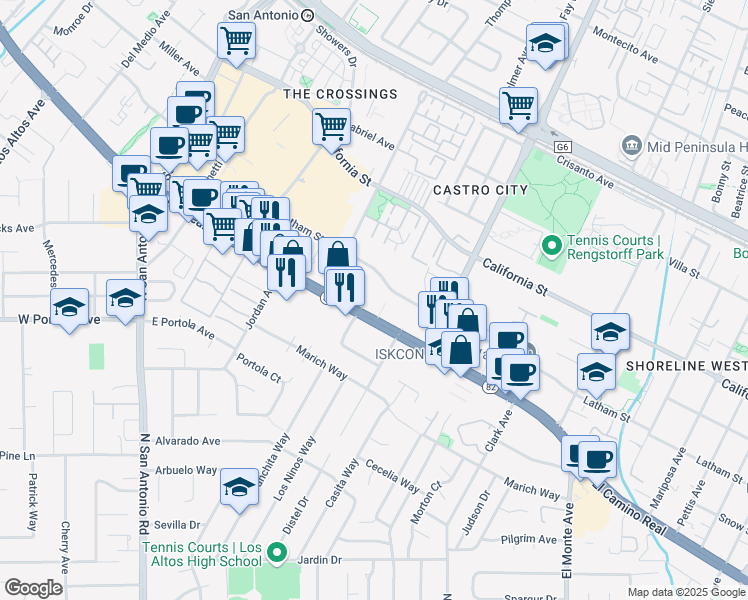map of restaurants, bars, coffee shops, grocery stores, and more near 2270 El Camino Real in Mountain View