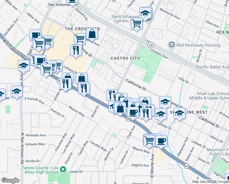 map of restaurants, bars, coffee shops, grocery stores, and more near 580 South Rengstorff Avenue in Mountain View
