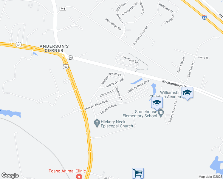 map of restaurants, bars, coffee shops, grocery stores, and more near 3443 Lindsey Lane in Toano