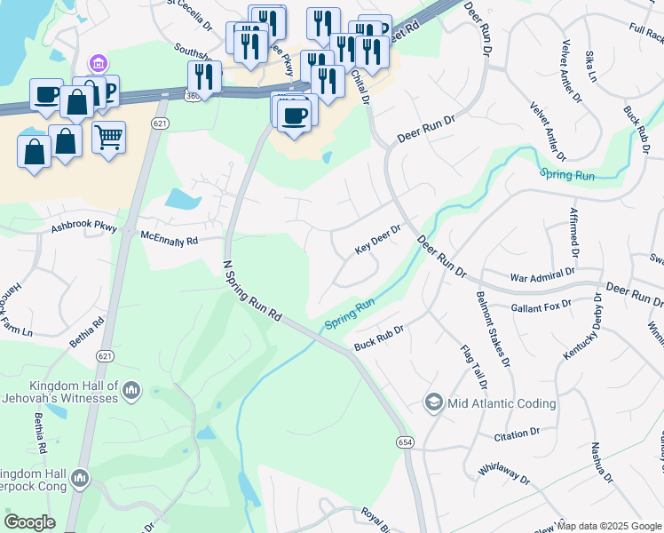 map of restaurants, bars, coffee shops, grocery stores, and more near 14236 Key Deer Drive in Midlothian