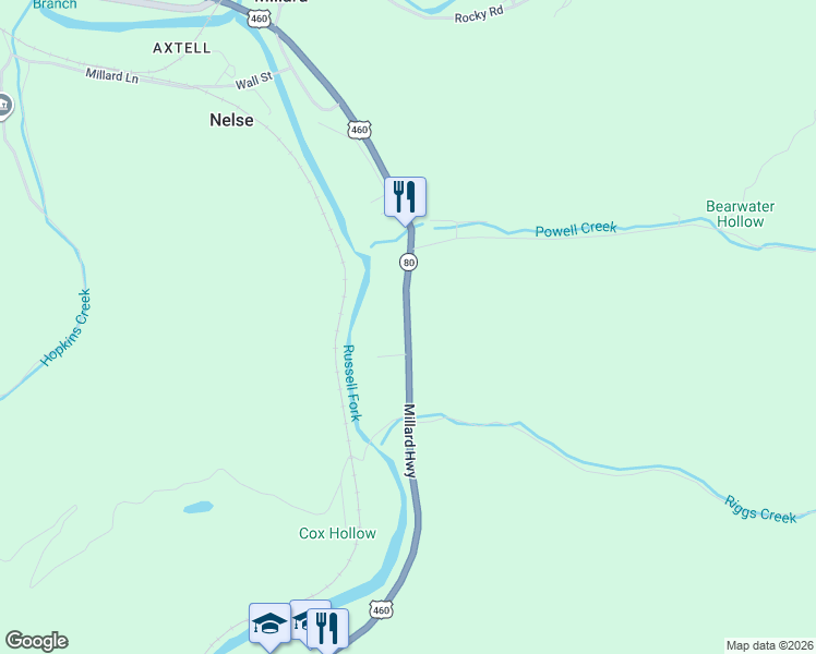 map of restaurants, bars, coffee shops, grocery stores, and more near 6960-7186 Millard Highway in Pikeville