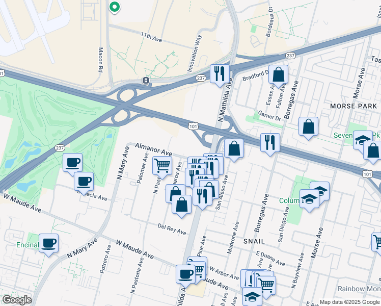 map of restaurants, bars, coffee shops, grocery stores, and more near 525 Almanor Avenue in Sunnyvale