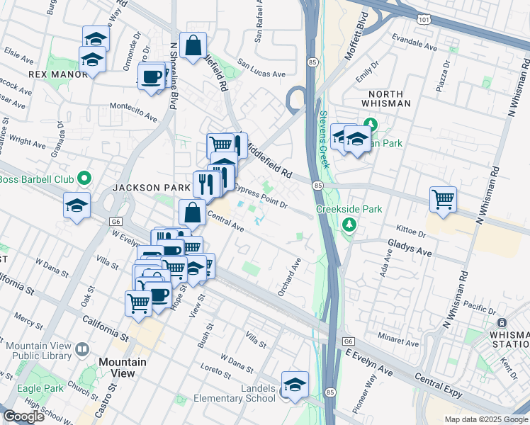 map of restaurants, bars, coffee shops, grocery stores, and more near 505 Cypress Point Drive in Mountain View