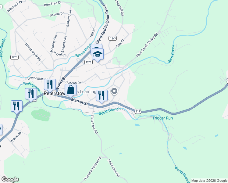 map of restaurants, bars, coffee shops, grocery stores, and more near 220 Thomas Street in Peterstown