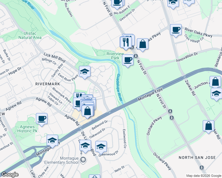 map of restaurants, bars, coffee shops, grocery stores, and more near 420 River Side Court in Santa Clara