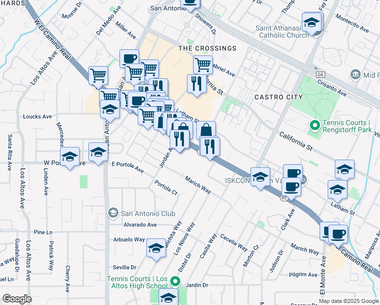map of restaurants, bars, coffee shops, grocery stores, and more near 4916 California 82 in Mountain View