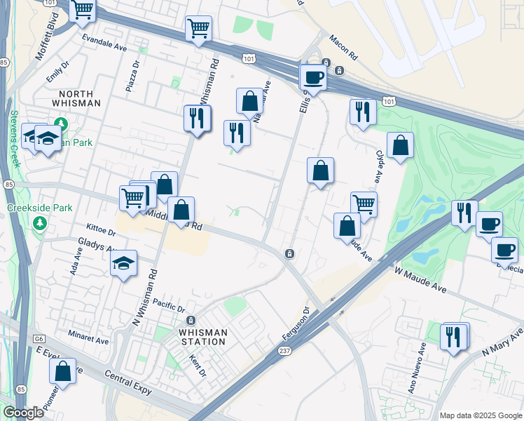 map of restaurants, bars, coffee shops, grocery stores, and more near 380 Ellis Street in Mountain View