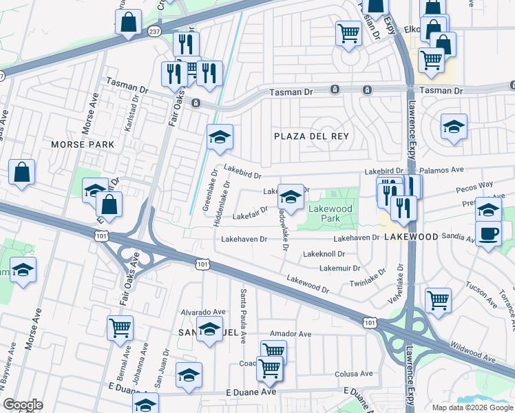 map of restaurants, bars, coffee shops, grocery stores, and more near 719 Lakefair Drive in Sunnyvale