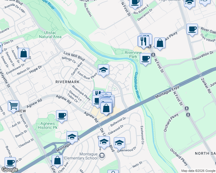 map of restaurants, bars, coffee shops, grocery stores, and more near 4086 Crandall Circle in Santa Clara