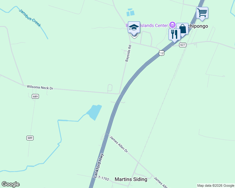 map of restaurants, bars, coffee shops, grocery stores, and more near 13294 Lankford Highway in Machipongo