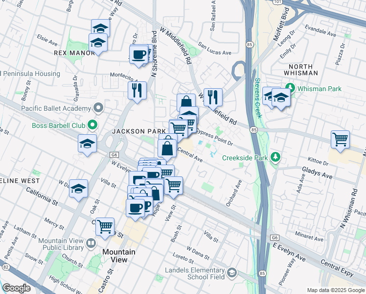 map of restaurants, bars, coffee shops, grocery stores, and more near 730 Central Avenue in Mountain View