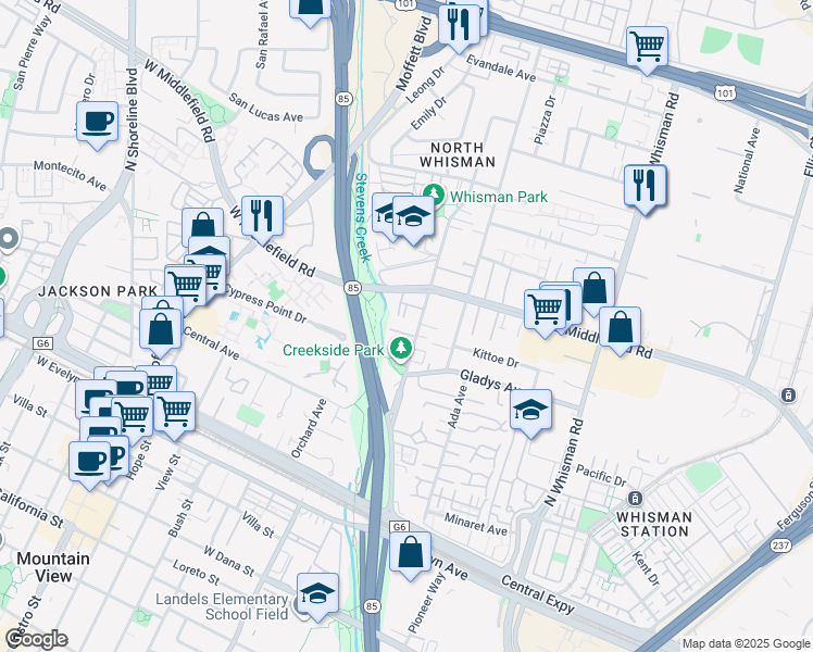 map of restaurants, bars, coffee shops, grocery stores, and more near 280 Easy Street in Mountain View
