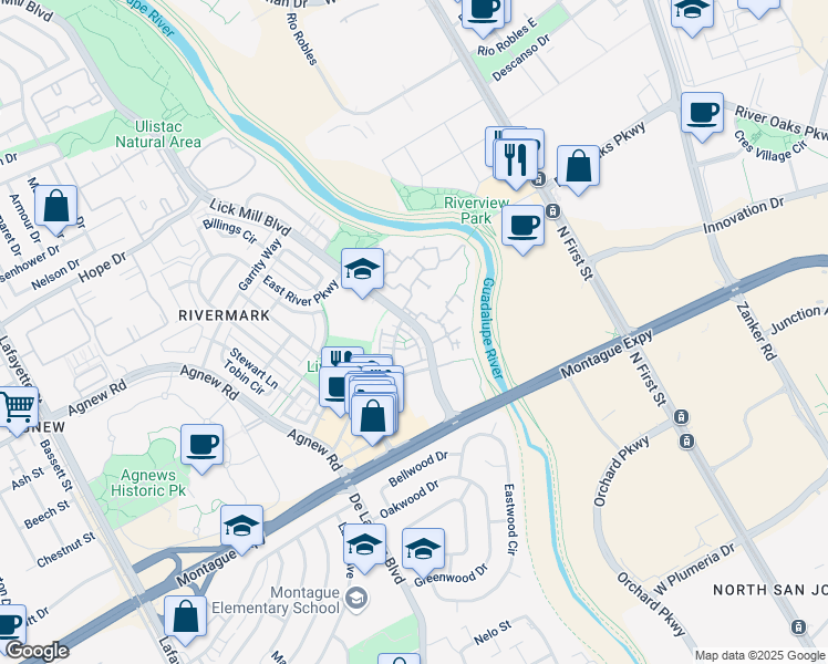 map of restaurants, bars, coffee shops, grocery stores, and more near 496 Mansion Park Drive in Santa Clara
