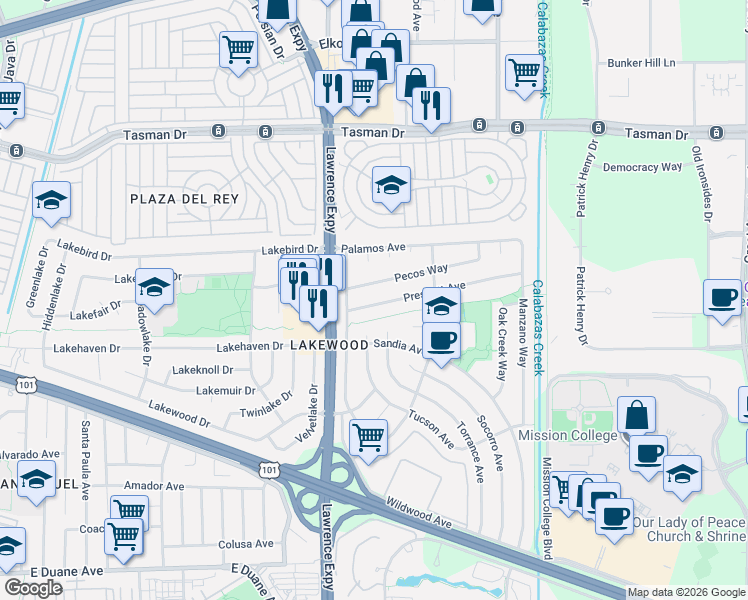 map of restaurants, bars, coffee shops, grocery stores, and more near 1138 Pecos Way in Sunnyvale