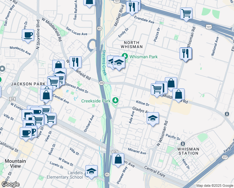 map of restaurants, bars, coffee shops, grocery stores, and more near 280 Easy Street in Mountain View