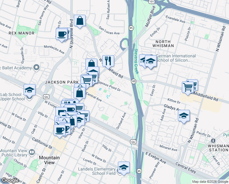 map of restaurants, bars, coffee shops, grocery stores, and more near 555 East Middlefield Road in Mountain View