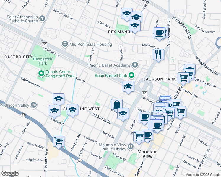 map of restaurants, bars, coffee shops, grocery stores, and more near 1600 Villa Street in Mountain View