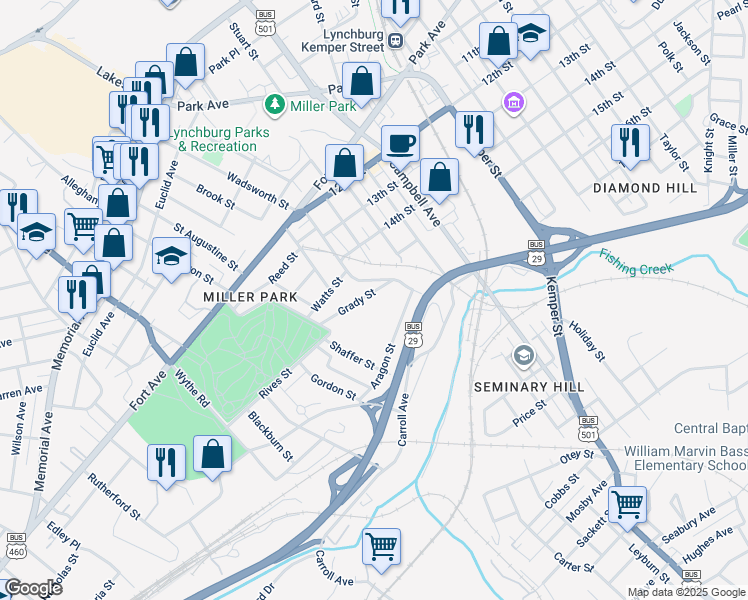 map of restaurants, bars, coffee shops, grocery stores, and more near 701 Grady Street in Lynchburg