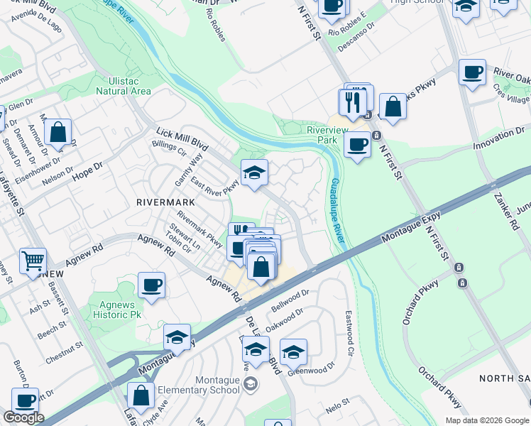 map of restaurants, bars, coffee shops, grocery stores, and more near 4086 Crandall Circle in Santa Clara