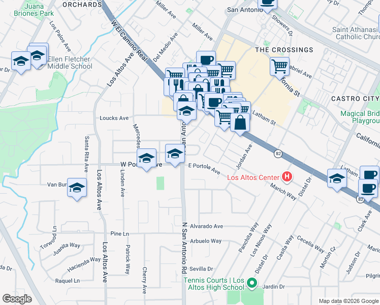 map of restaurants, bars, coffee shops, grocery stores, and more near 87 Chester Circle in Los Altos
