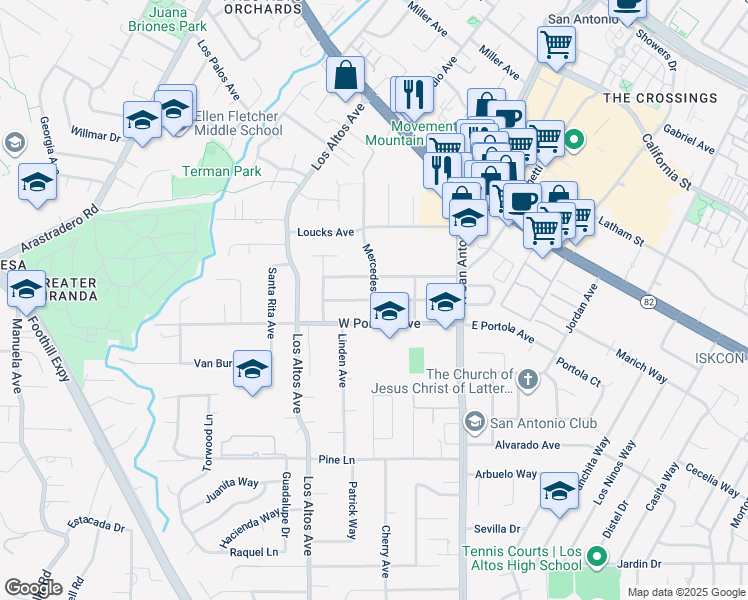 map of restaurants, bars, coffee shops, grocery stores, and more near Del Monte Avenue in Los Altos
