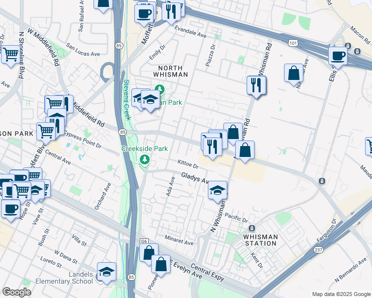 map of restaurants, bars, coffee shops, grocery stores, and more near 99 East Middlefield Road in Mountain View