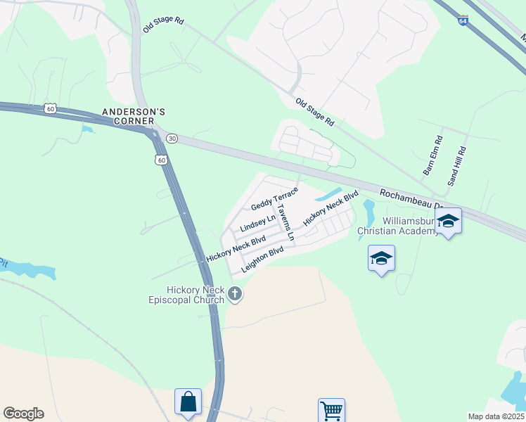 map of restaurants, bars, coffee shops, grocery stores, and more near 3324 Geddy Terrace in Toano